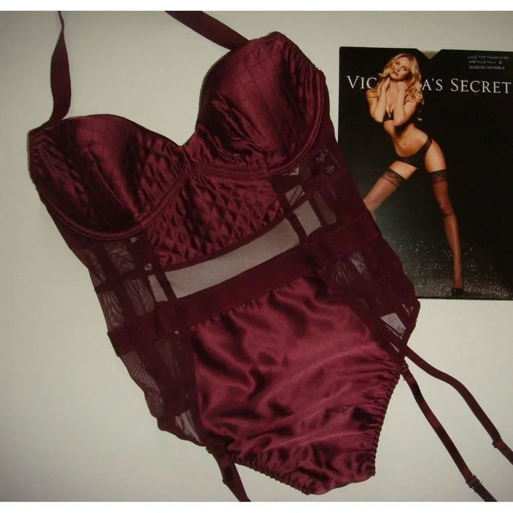 Victoria's Secret 32C BRA SET+garter TEDDY+XS ONE-PIECE pink burgundy maroon red